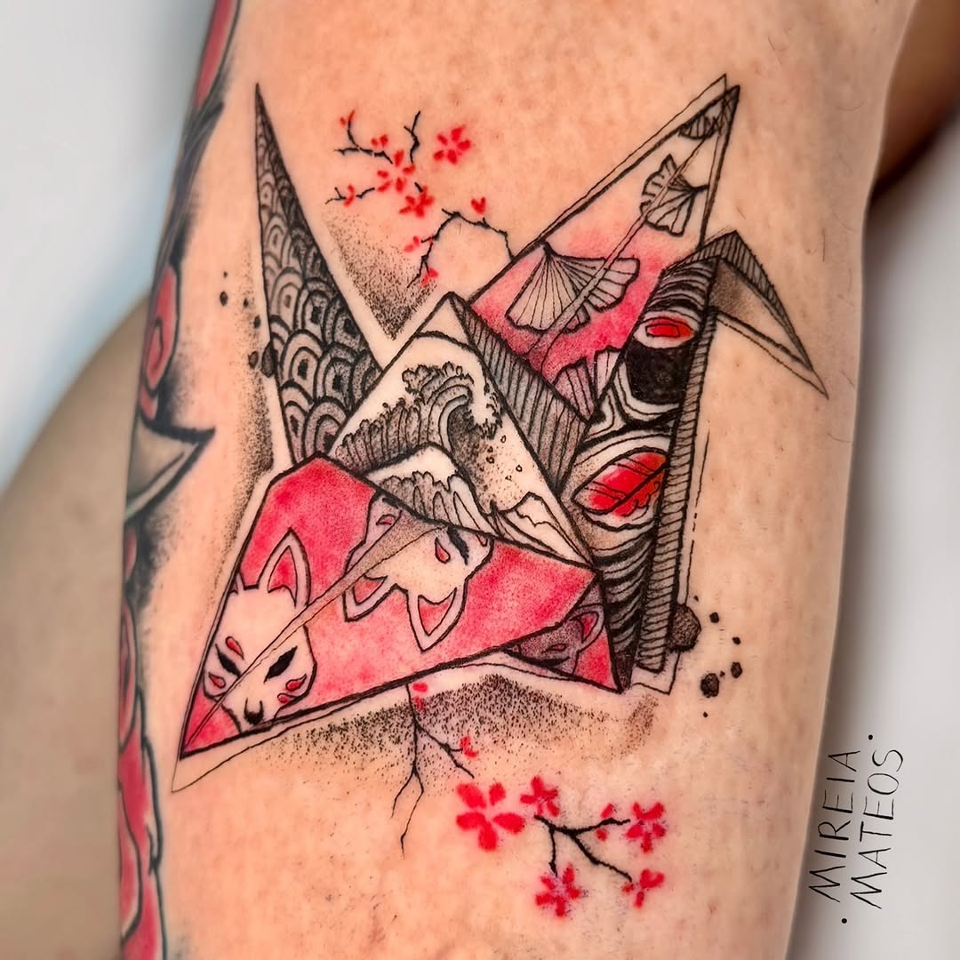 Intricate origami tattoo with dynamic colors Tattoo Design
