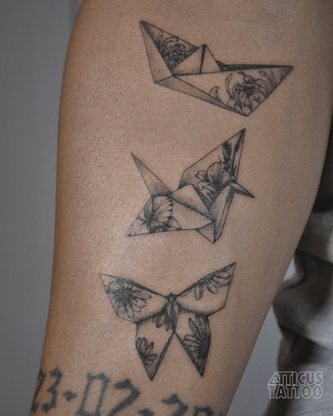 Intricate Origami Tattoos with Floral Details Tattoo Design