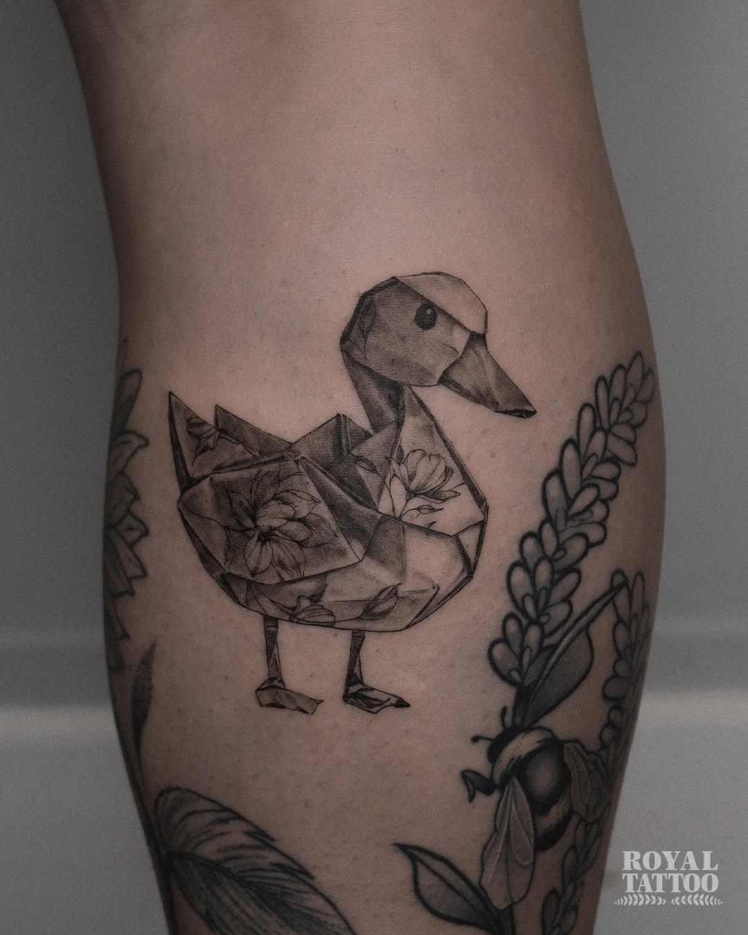 Whimsical origami duck tattoo design in black ink Tattoo Design