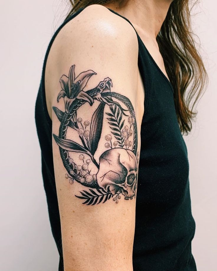 Botanical Skull Ouroboros Tattoo Design