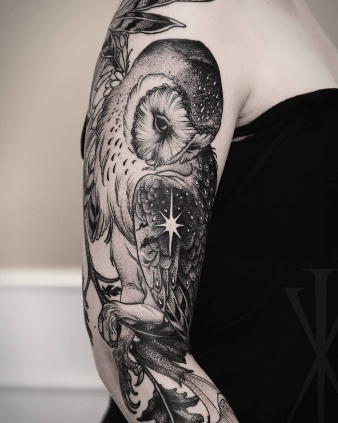 Barn Owl Sleeve With Botanical Details Tattoo Design