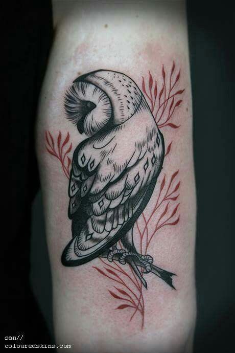 Delicate Floral Barn Owl Calf Tattoo Tattoo Design