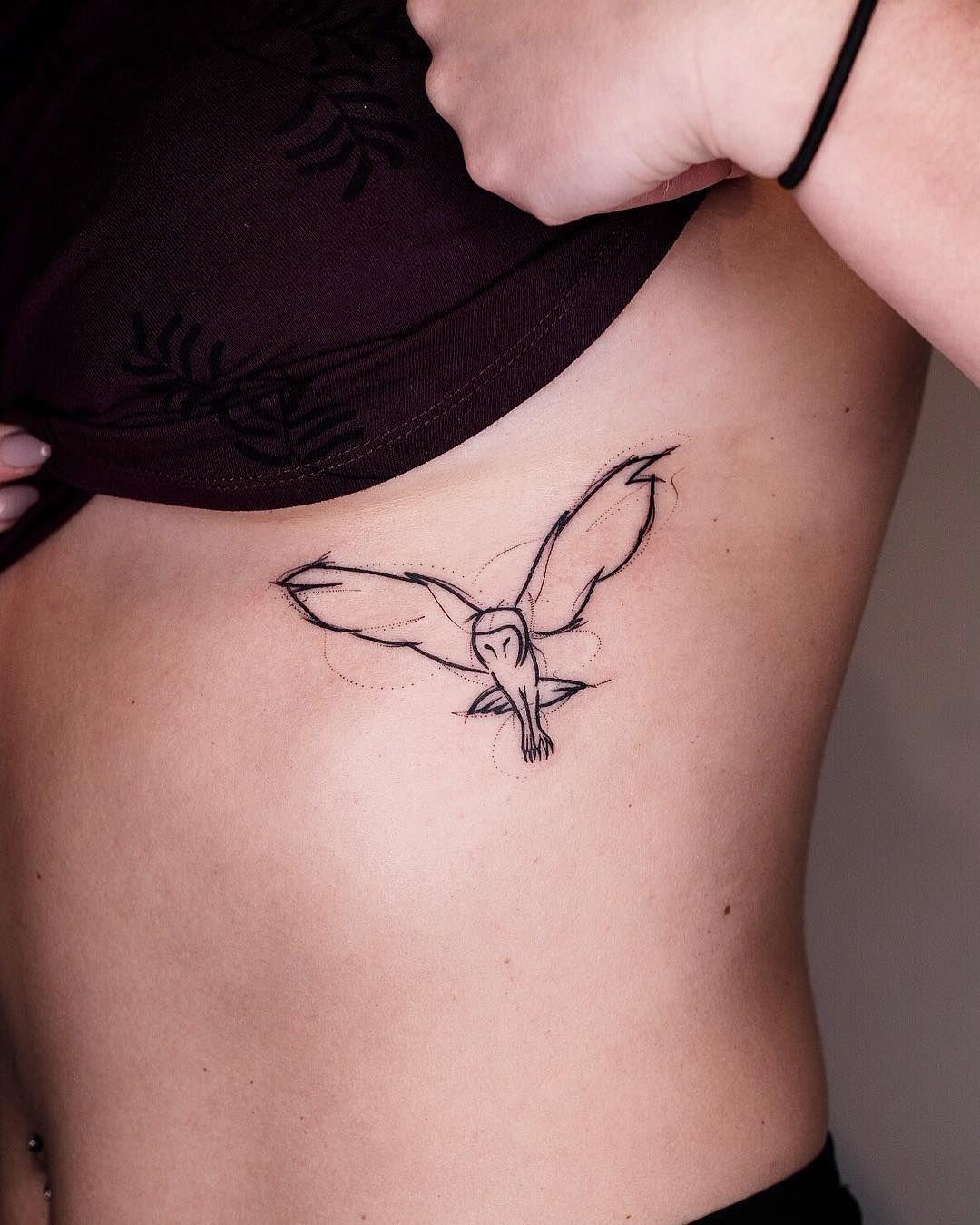 Fine Line Flying Owl Side Tattoo Tattoo Design