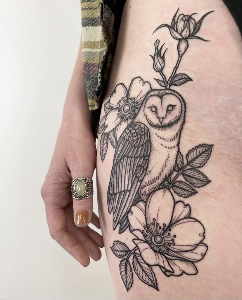 Fine Line Owl and Floral Thigh Tattoo Tattoo Design