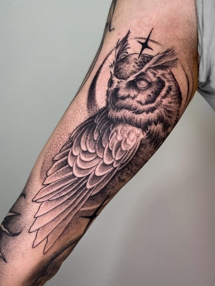 Fine Line Owl With Celestial Spark Tattoo Design