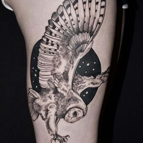 Flying Owl Arm Tattoo With Soft Shading Tattoo Design