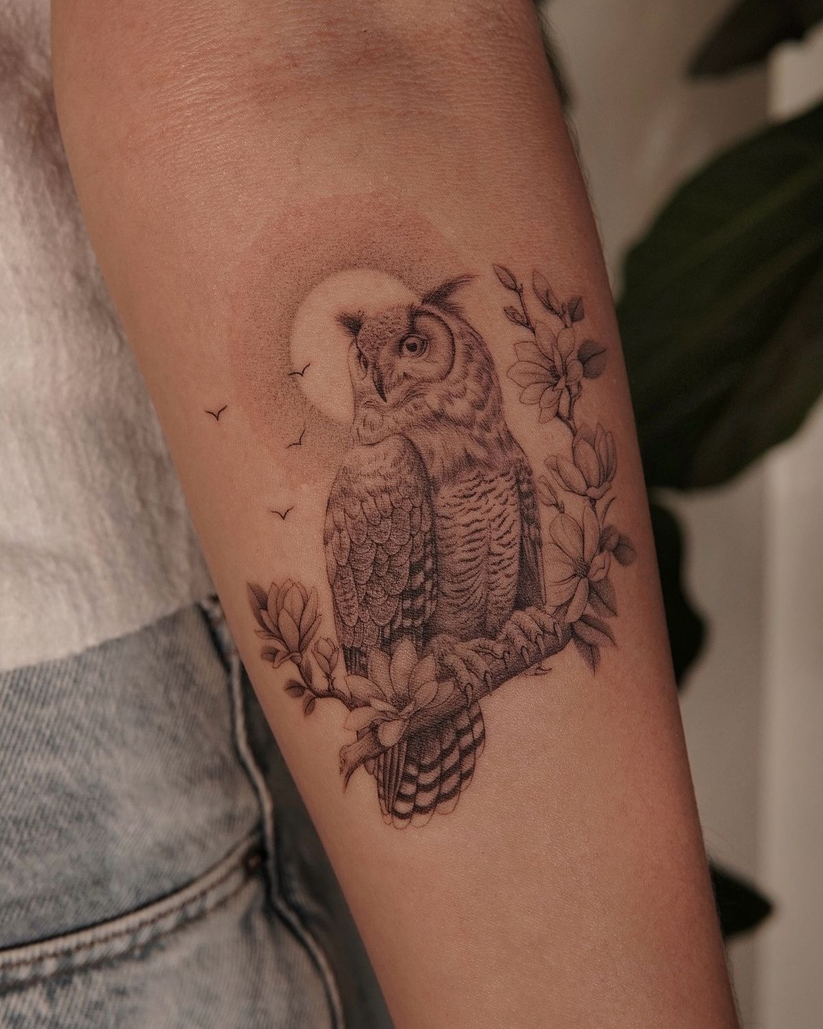 Gentle Owl With Flowers and Moon Tattoo Design