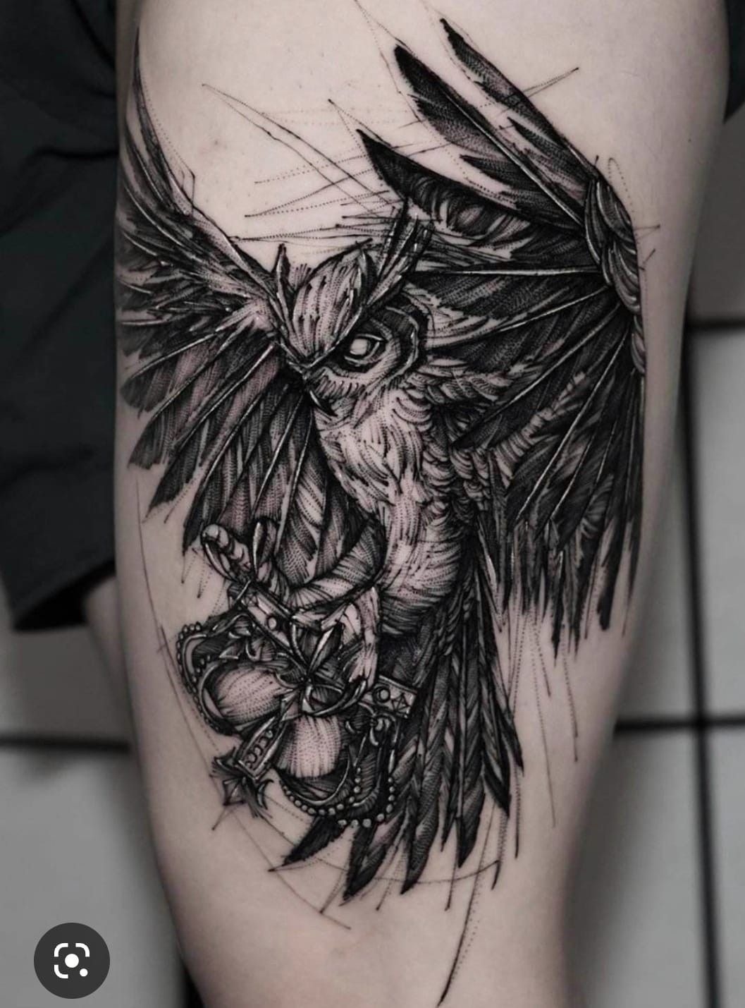 Geometric Dark Owl Thigh Tattoo Tattoo Design