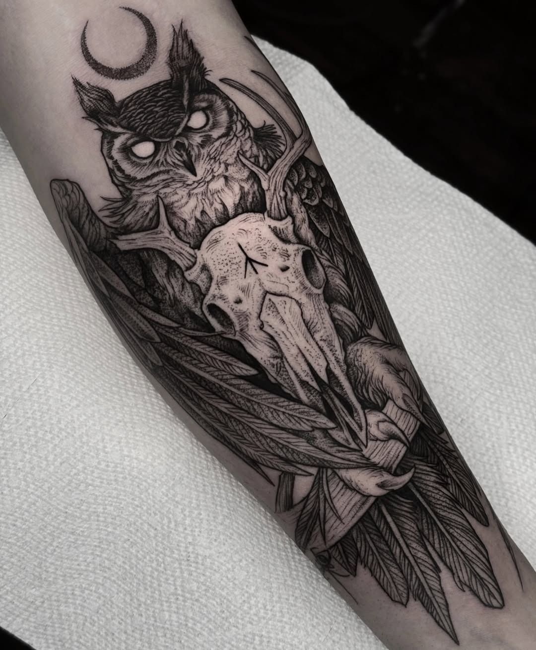 Horned Owl With Skull and Crescent Moon Tattoo Design