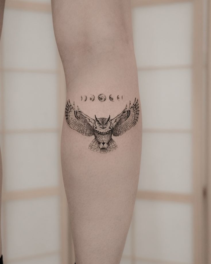 Minimalist Owl With Moon Phases Tattoo Design