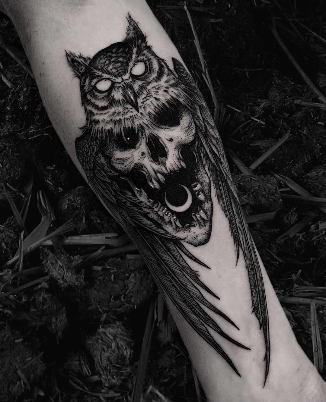 Owl and Skull Dark Forearm Design Tattoo Design