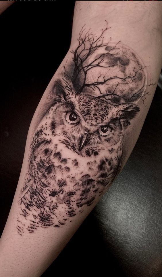 Realistic Snowy Owl With Moonlit Branches Tattoo Design