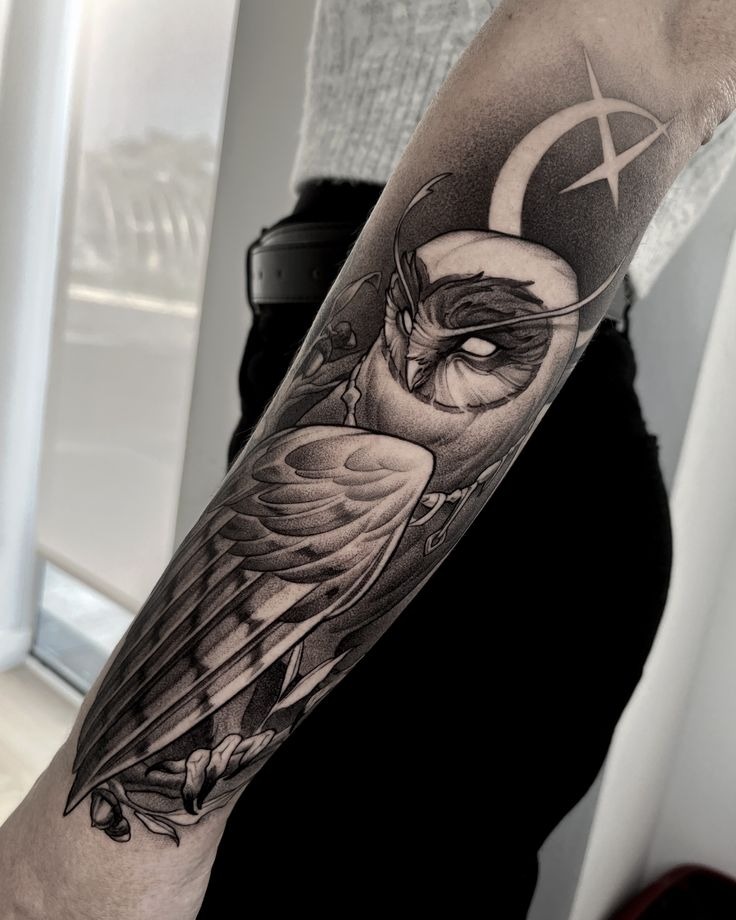 Snowy Owl With Crescent Moon Tattoo Design