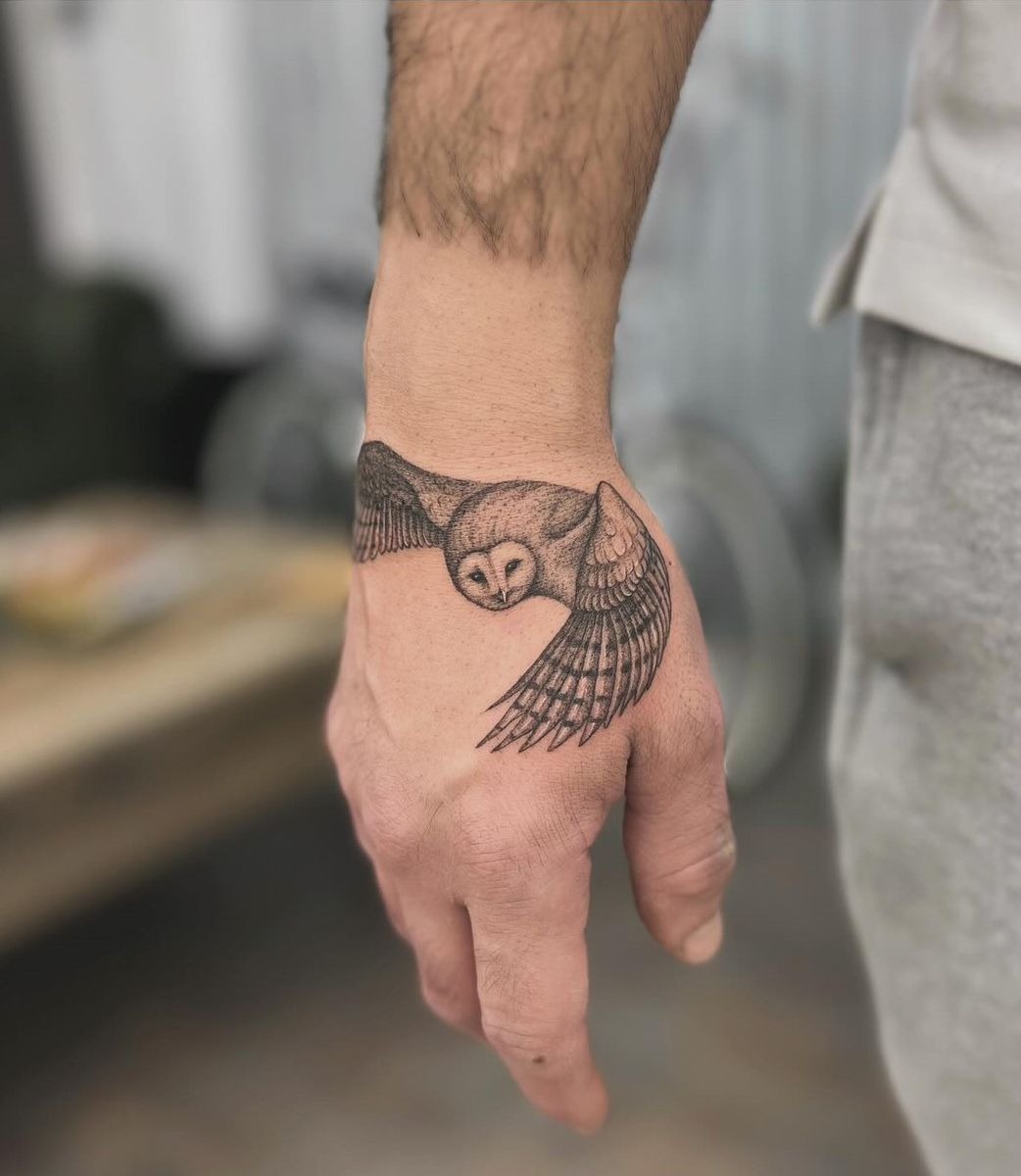 Tiny Flying Owl Hand Tattoo Tattoo Design