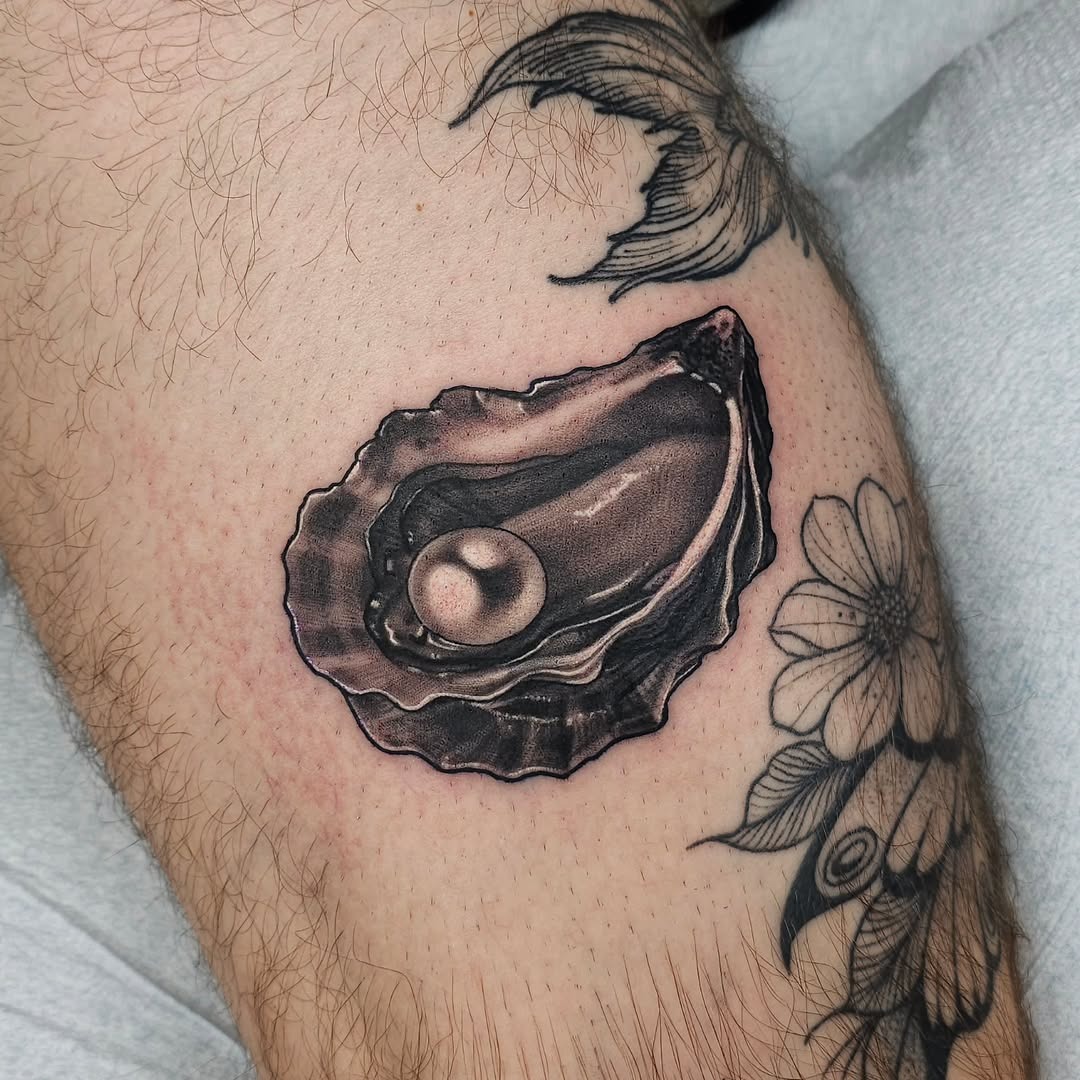 This tattoo features an incredibly detailed oyster shell, revealing a lustrous pearl nestled within.