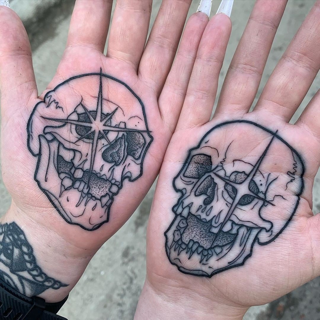Intricate Skull Tattoos on Both Palms Tattoo Design