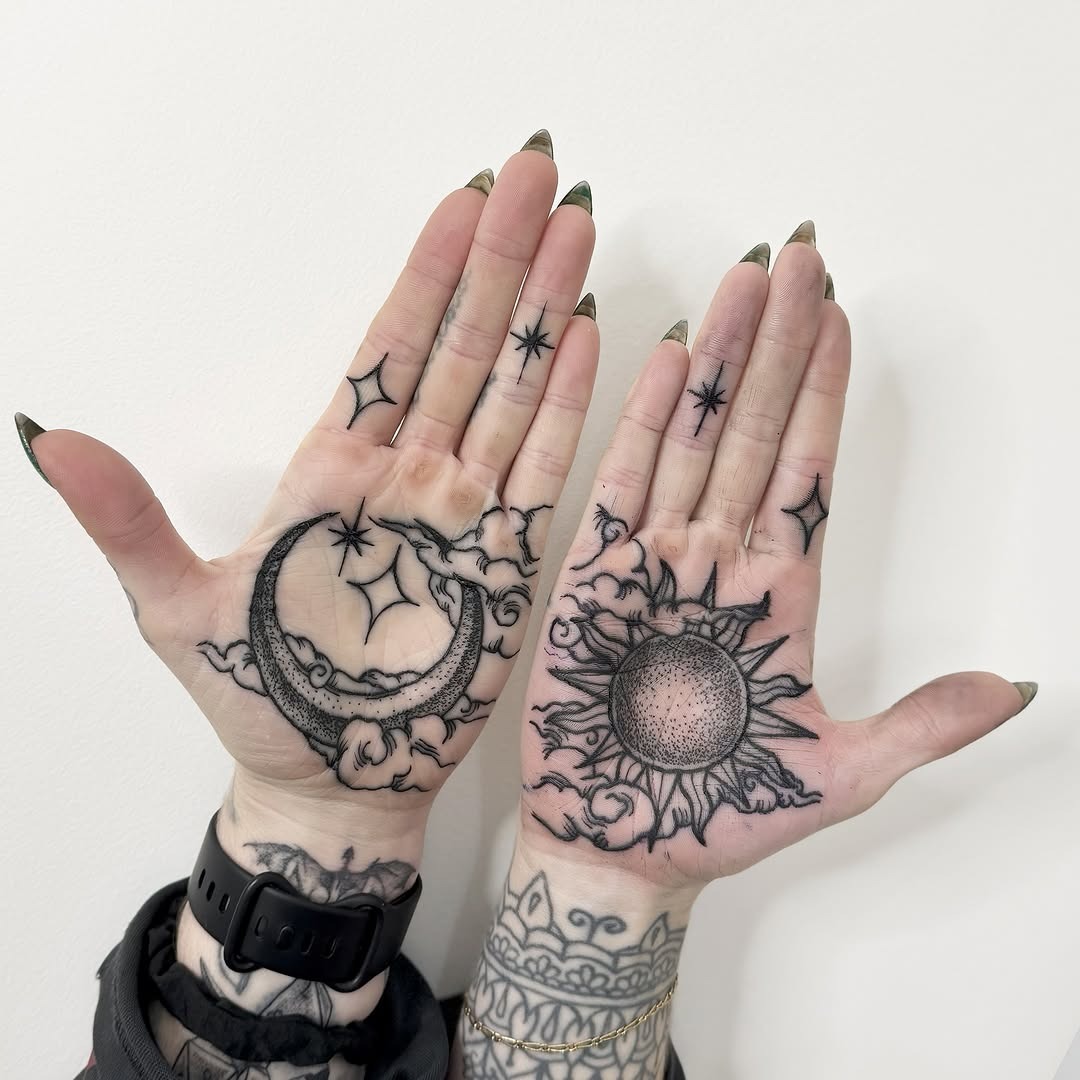 Intricate sun and moon palm tattoo designs Tattoo Design
