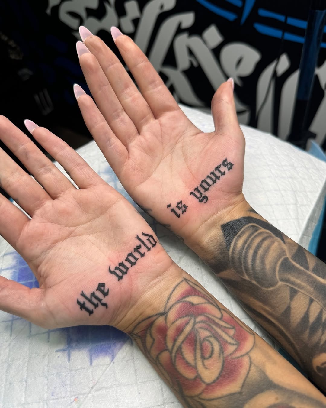 Stylish text tattoo on palm design Tattoo Design