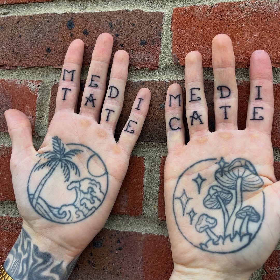 Tropical palm and unique lettering tattoos Tattoo Design