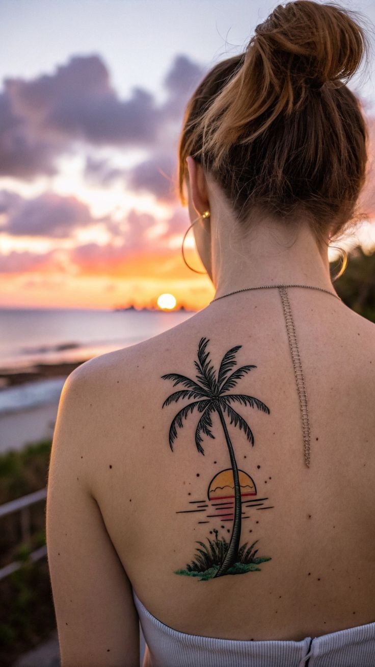 Colorful Sunset on the Back Tattoo Design