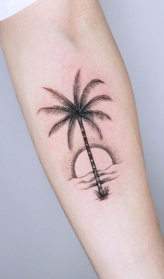 Dotwork Sunset with Palm Tree Tattoo Design