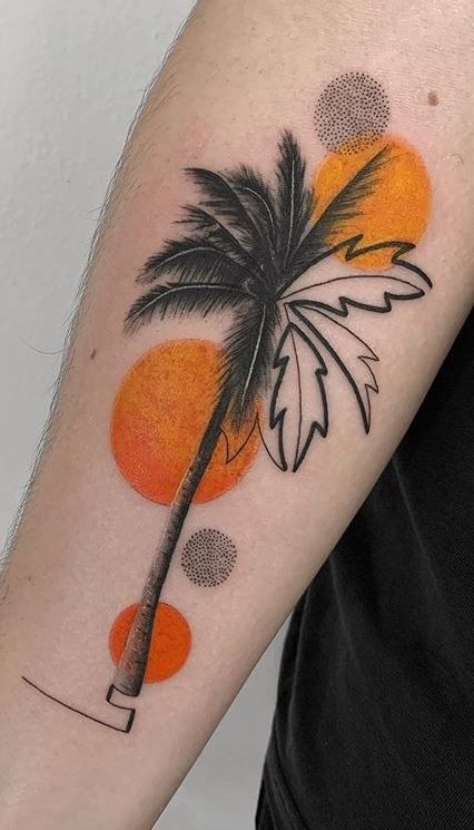 Modern Art Palm with Sunset Orbs Tattoo Design