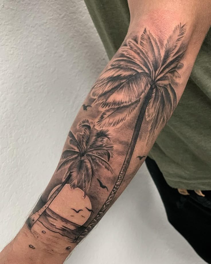Realism Palm Sleeve with Island Vibes Tattoo Design
