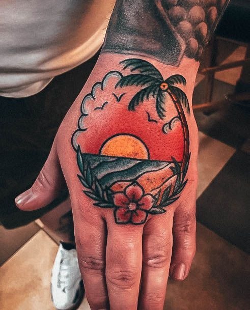 Tropical Color Splash on Hand Tattoo Design
