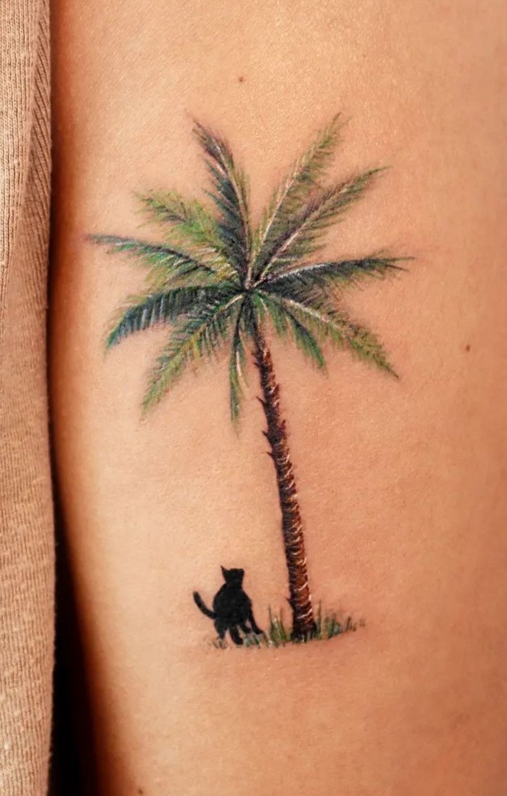 Whimsical Cat and Palm Tree Tattoo Tattoo Design