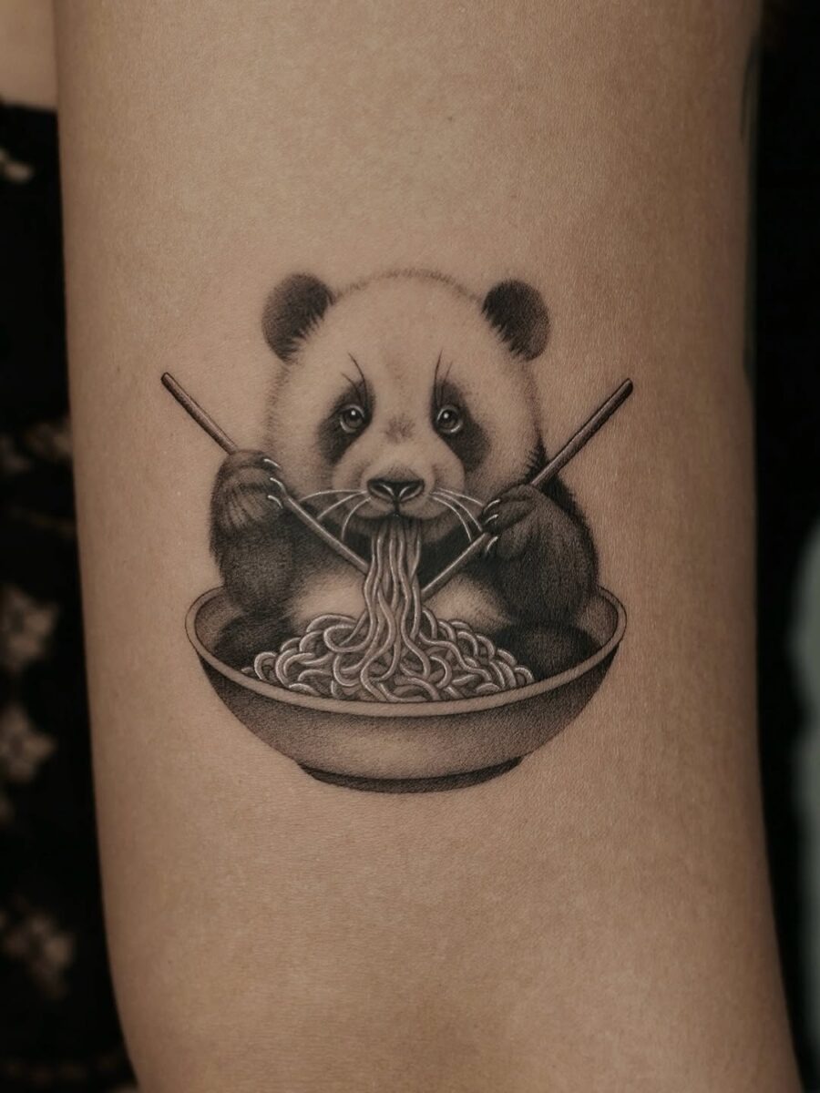 Adorable panda enjoying a noodle bowl tattoo Tattoo Design