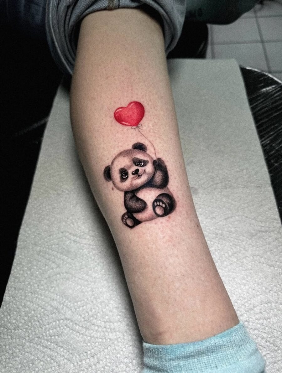 Adorable panda tattoo with a heart balloon Tattoo Design