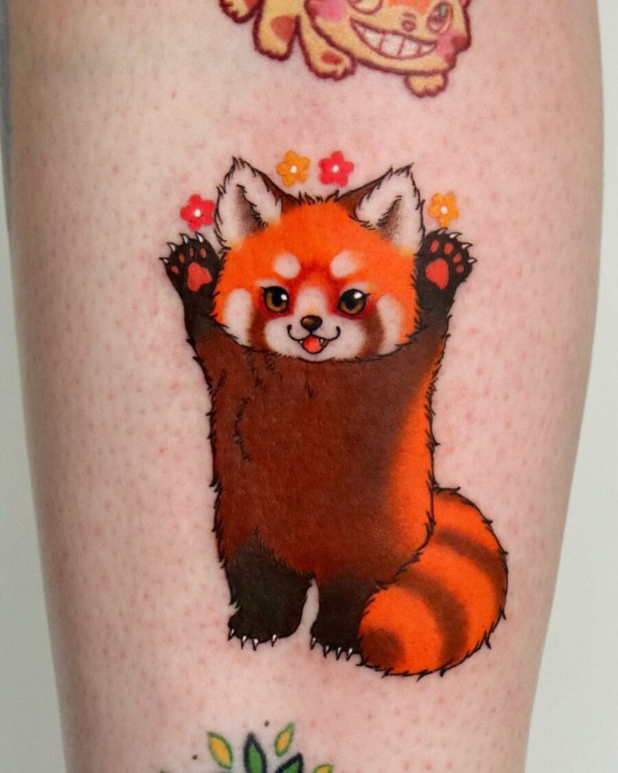 Adorable red panda tattoo with vibrant florals Tattoo Design