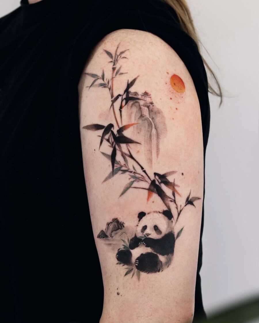 Artistic panda tattoo with bamboo elements Tattoo Design