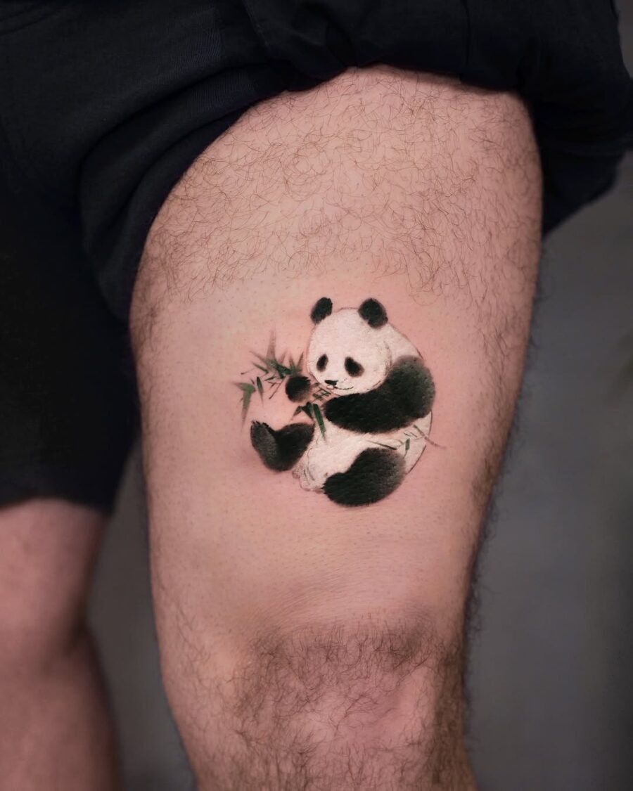 Charming Panda Enjoying Bamboo on Thigh Tattoo Design