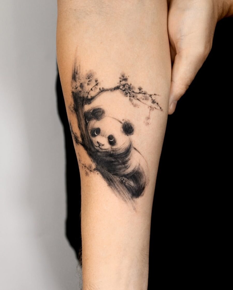 Charming panda tattoo in delicate blackwork style Tattoo Design