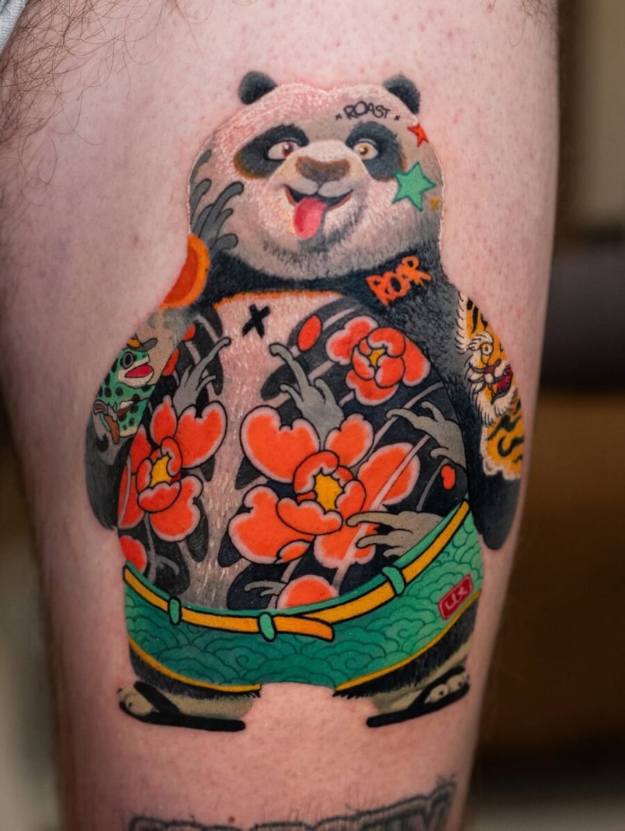 Charming panda tattoo with vibrant floral elements Tattoo Design