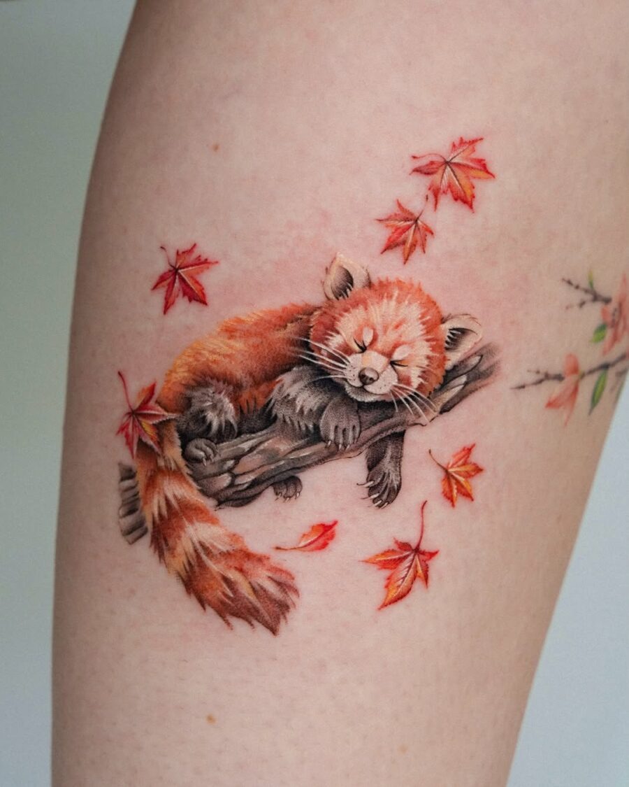 Charming red panda tattoo with autumn elements Tattoo Design
