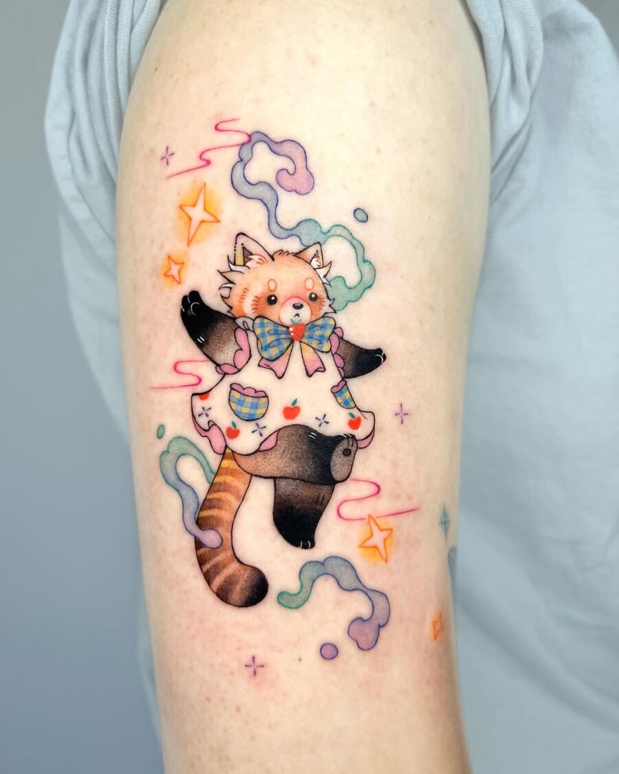 Playful red panda tattoo in vibrant colors Tattoo Design