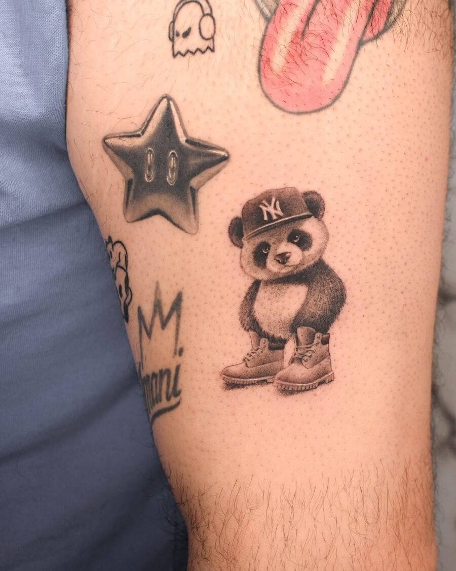 Unique panda tattoo with stylish sneakers and cap Tattoo Design