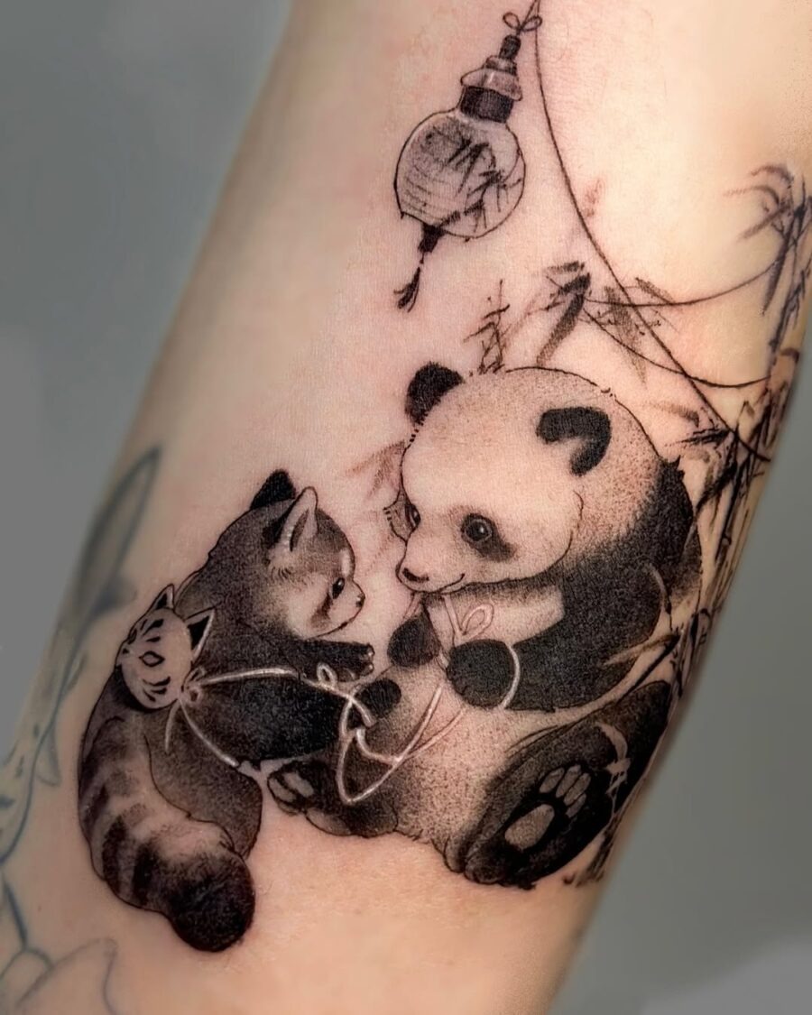 Whimsical panda and kitten tattoo design Tattoo Design