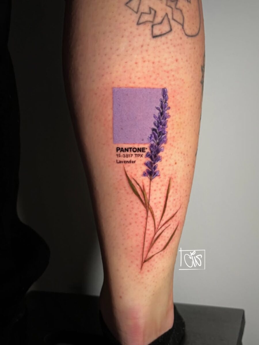 Charming lavender Pantone tattoo with floral touch Tattoo Design