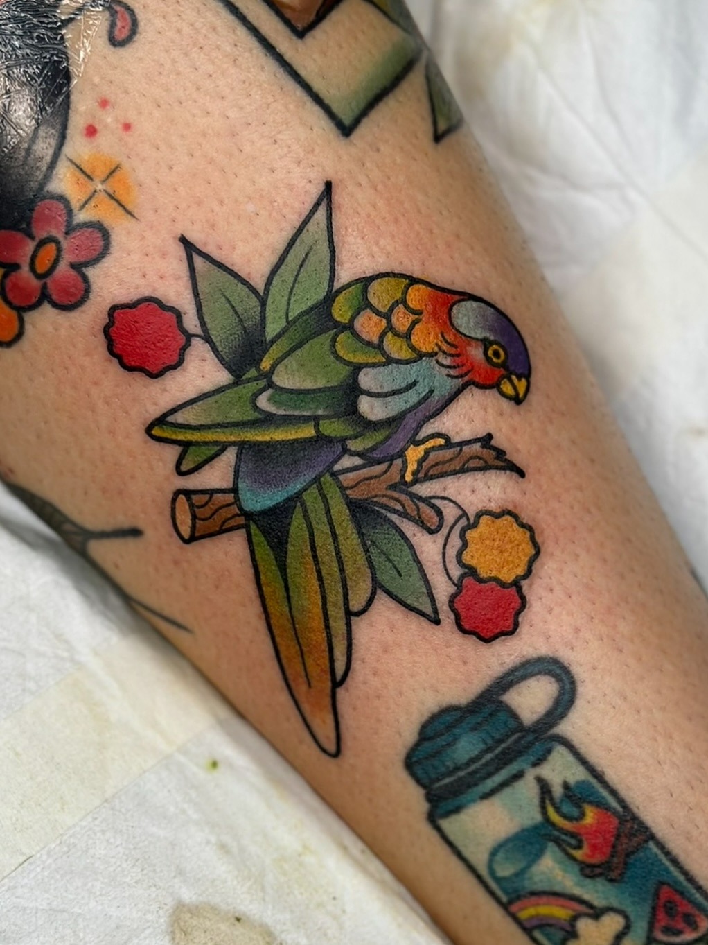 Colorful parrot tattoo perched on a branch Tattoo Design