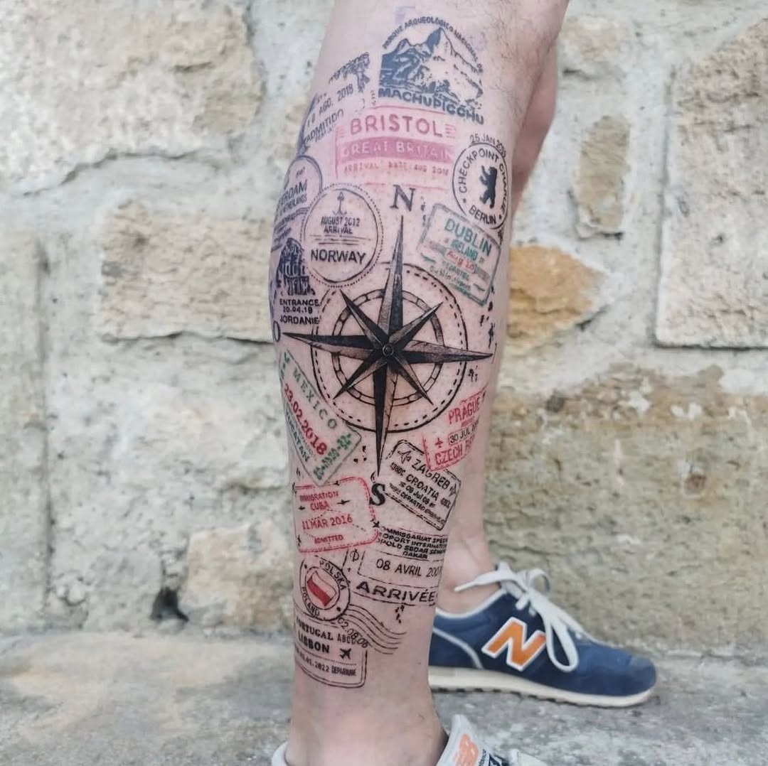 A compass tattoo adorned with travel stamps Tattoo Design
