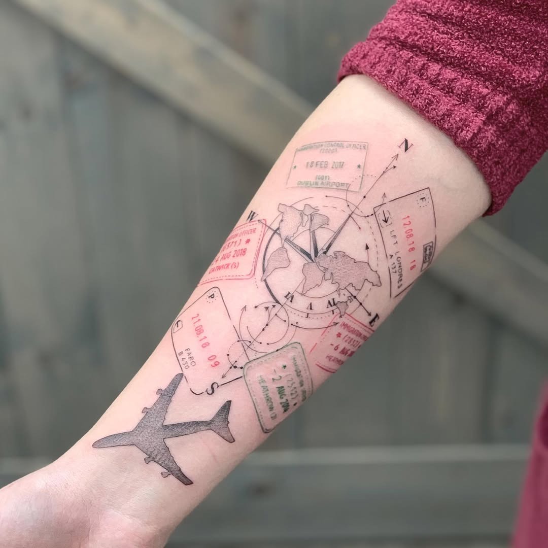 Intricate Travel-Themed Tattoo on Forearm Tattoo Design