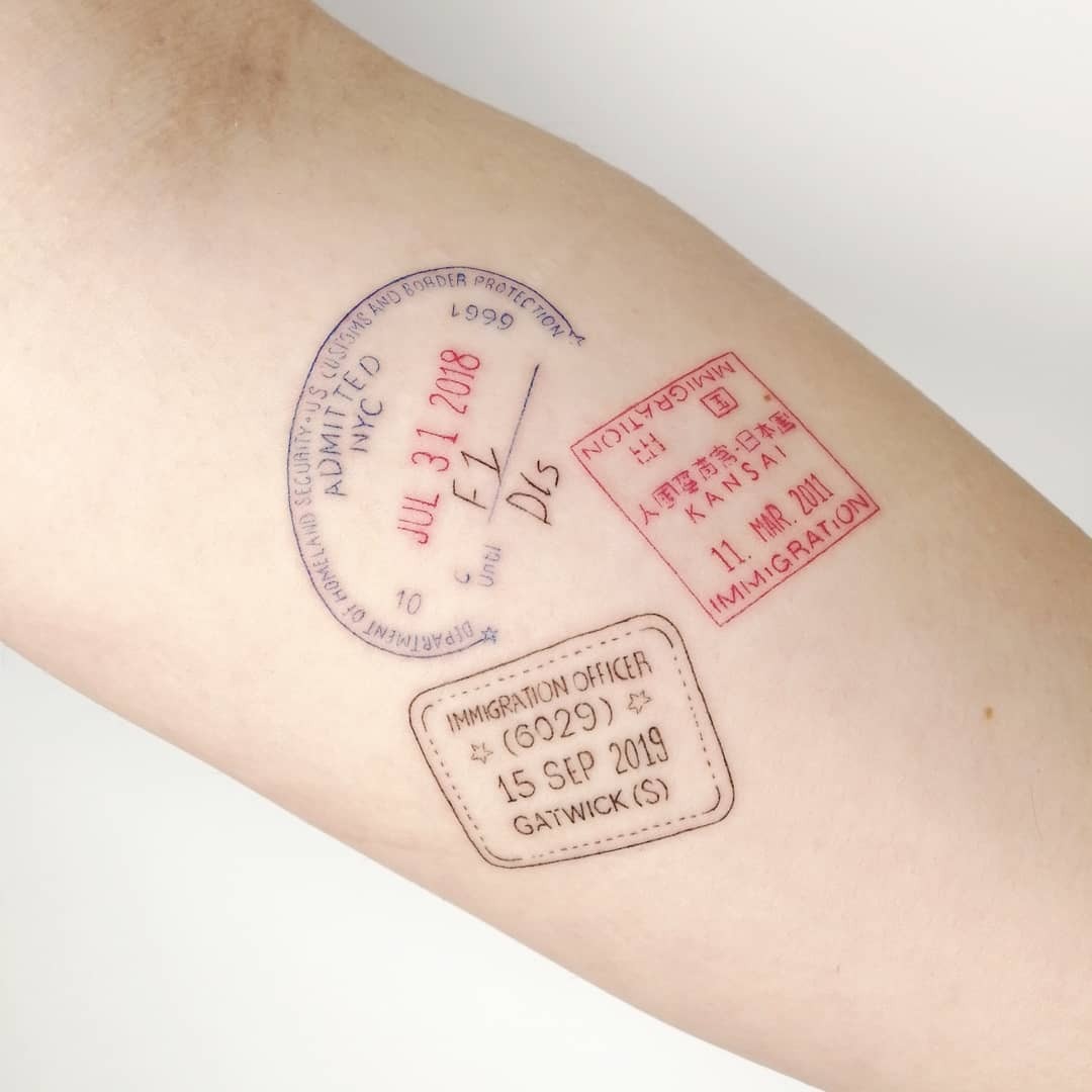 Unique immigration stamp tattoo capturing travel memories Tattoo Design