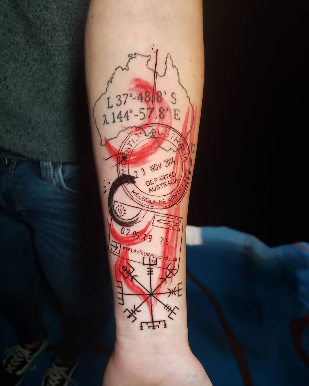 Unique passport-inspired tattoo representing Australia's coordinates Tattoo Design