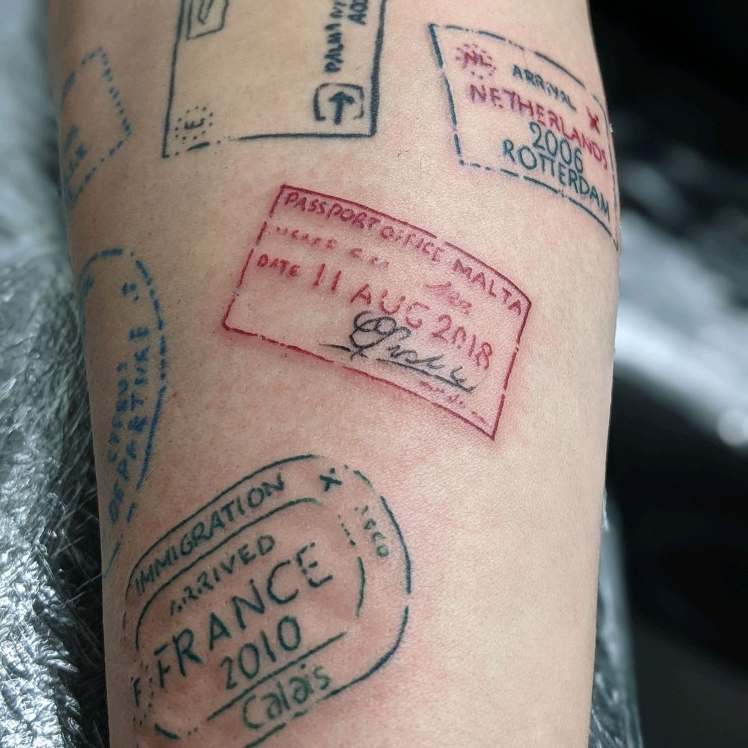 Unique passport stamp tattoo collection on skin Tattoo Design