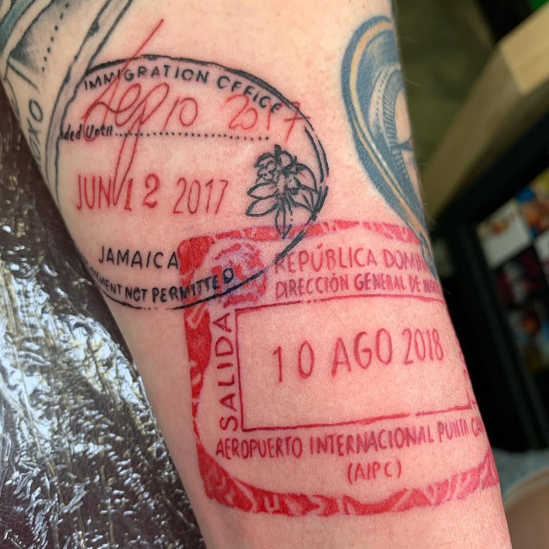 Unique passport stamp tattoo showcasing travels Tattoo Design