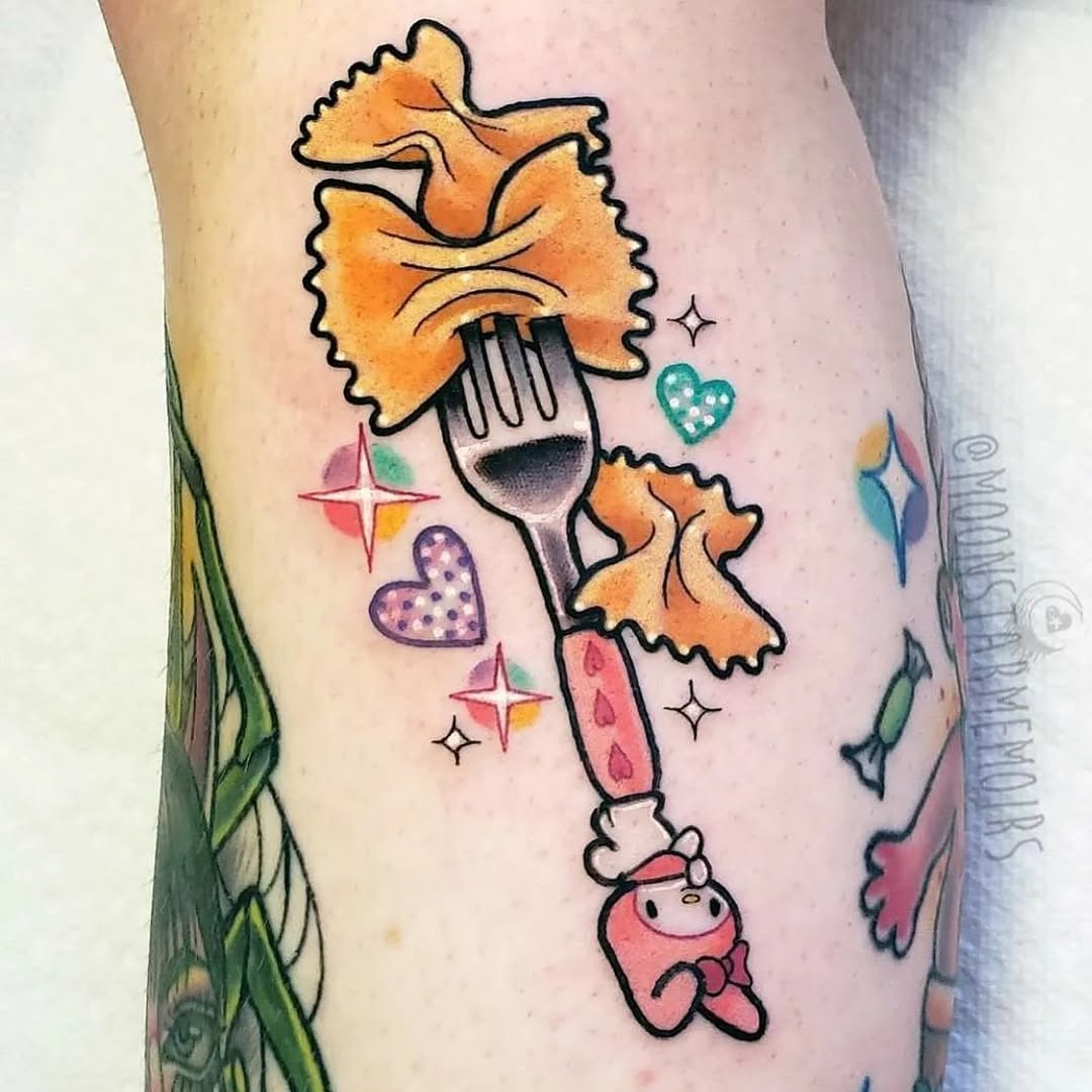 Charming pasta fork tattoo with vibrant colors Tattoo Design