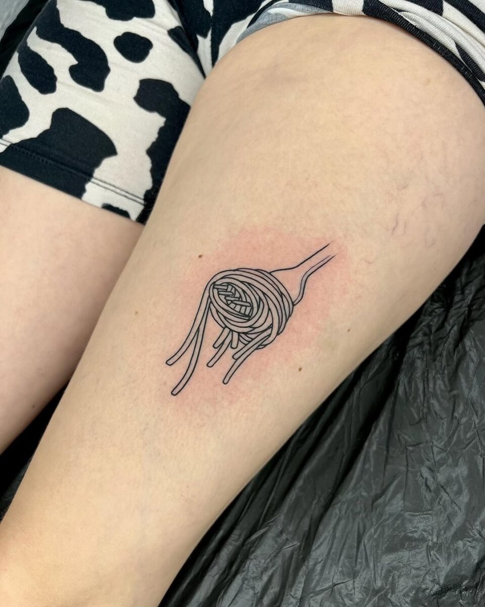Charming pasta tattoo on a thigh. Tattoo Design
